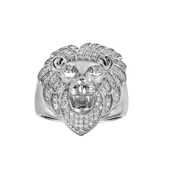 Sterling Silver 925 Rhodium Plated Men's Lion CZ Ring - Picture 1 of 5